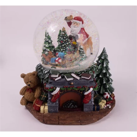 Hógömb kandalló, mikulással, fenyőkkel ledes, zenélő, poly 23x23cm