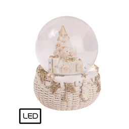 Hógömb kosárban, maci figurával LED-es 11,5x14cm fehér
