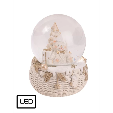 Hógömb kosárban, maci figurával LED-es 11,5x14cm fehér