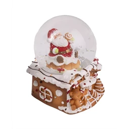 Hógömb mézeskalács házon poly, télapó figurával, üveg 7x9,5cm barna-fehér