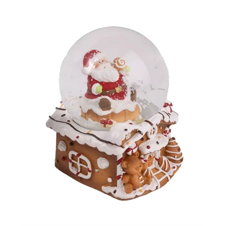 Hógömb mézeskalács házon poly, télapó figurával, üveg 7x9,5cm barna-fehér