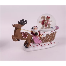 Hógömb mikulás szánon, mézeskalács figurákkal, ledes, zenélő, poly 23cm