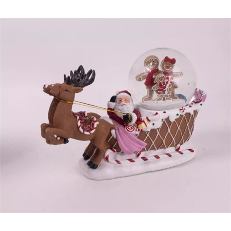 Hógömb mikulás szánon, mézeskalács figurákkal, ledes, zenélő, poly 23cm