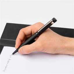 Hugo Boss golyóstoll Loop Iconic fekete test + fekete klipsz fekete-fehér-barna csíkkal