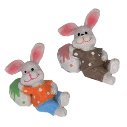 Dekoráció nyúl tojással fiú ülő poly 5x2x4,2cm barna,kék,narancssárga 2db/csomag