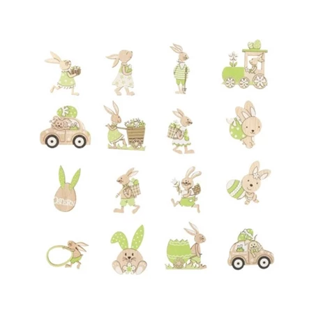 Húsvéti figurák fa 3,5x3,5x0,2 cm natúr, zöld 4 féle 12db/csomag