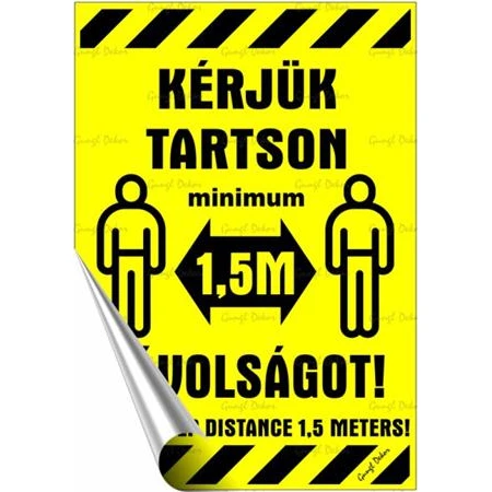 Információs matrica, 11,6x16,6 cm, kétnyelvű, Kérjük tartson mininum 1,5 m távolságot!