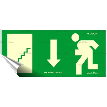 Információs matrica, 25x11,5 cm, fluoreszkáló, utánvilágítós, "Menekülési irány le, lépcső balra"