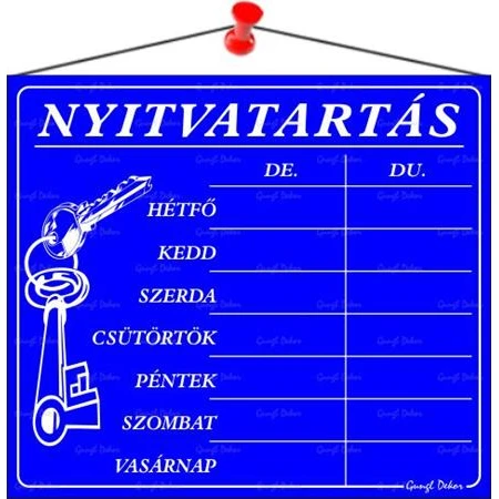 Információs tábla, 20x17,5 cm, Nyitvatartás, kék