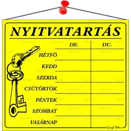 Információs tábla, 20x17,5 cm, Nyitvatartás, sárga