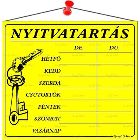 Információs tábla, 20x17,5 cm, Nyitvatartás, sárga