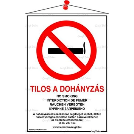 Információs tábla, 21x30 cm, többnyelvű, Tilos a dohányzás!