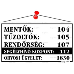 Információs tábla, 22,5x12,5 cm, Mentők tűzoltók, rendőrség telefonszámok, fehér