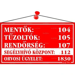 Információs tábla, 22,5x12,5 cm, Mentők tűzoltók, rendőrség telefonszámok, piros