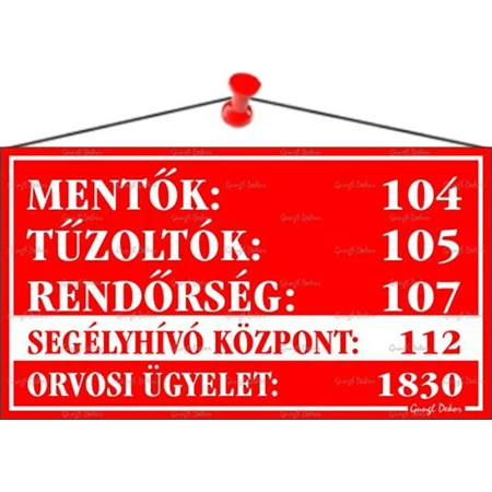 Információs tábla, 22,5x12,5 cm, Mentők tűzoltók, rendőrség telefonszámok, piros