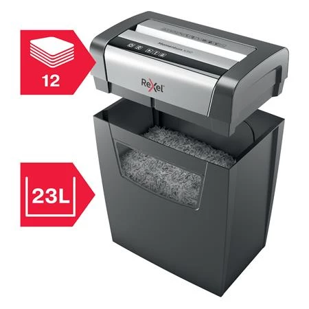 Iratmegsemmisítő, konfetti, 12 lap, REXEL Momentum X312, biztonsági fokozat: P-3, 23 lieres tartály