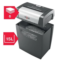 Iratmegsemmisítő, konfetti,  6 lap, REXEL Momentum X406, biztonsági fokozat: P-4, 15 lieres tartály
