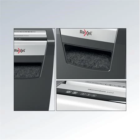 Iratmegsemmisítő, konfetti, 10 lap, REXEL Momentum X410, biztonsági fokozat: P-4, 23 lieres tartály