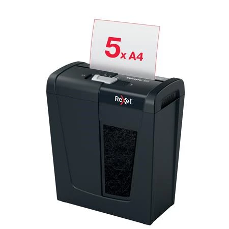 Iratmegsemmisítő, csík, 5 lap, REXEL, Secure S5, biztonsági fokozat: P-2, 10 lieres tartály