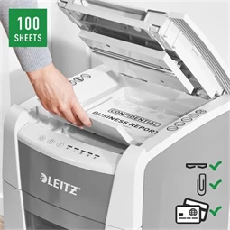 Iratmegsemmisítő, konfetti, 100 lap, LEITZ IQ AutoFeed SmallOffice 100 P4 Pro, biztonsági fokozat:P-4, 34 lieres tartály
