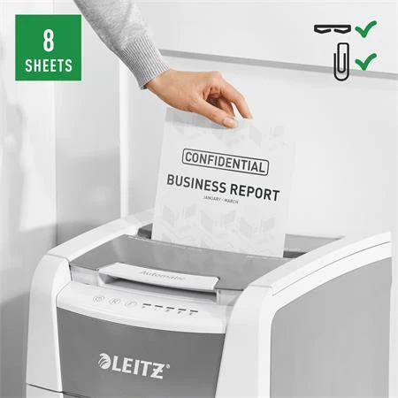 Iratmegsemmisítő, konfetti, 100 lap, LEITZ IQ AutoFeed SmallOffice 100 P4 Pro, biztonsági fokozat:P-4, 34 lieres tartály