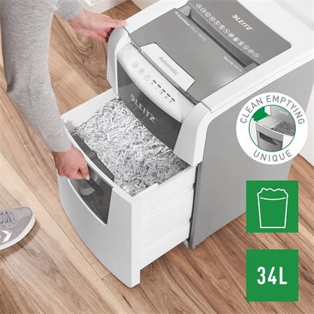 Iratmegsemmisítő, konfetti, 100 lap, LEITZ IQ AutoFeed SmallOffice 100 P4 Pro, biztonsági fokozat:P-4, 34 lieres tartály