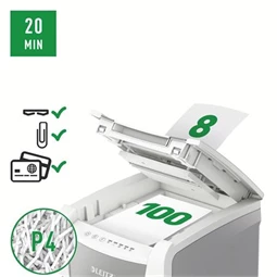 Iratmegsemmisítő, konfetti, 100 lap, LEITZ IQ AutoFeed SmallOffice 100 P4 Pro, biztonsági fokozat:P-4, 34 lieres tartály