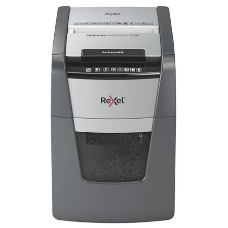Iratmegsemmisítő, konfetti, 100 lap, REXEL Optimum AutoFeed+ 100X, biztonsági fokozat: P-4, 34 lieres tartály