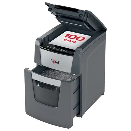 Iratmegsemmisítő, konfetti, 100 lap, REXEL Optimum AutoFeed+ 100X, biztonsági fokozat: P-4, 34 lieres tartály