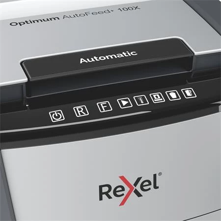 Iratmegsemmisítő, konfetti, 100 lap, REXEL Optimum AutoFeed+ 100X, biztonsági fokozat: P-4, 34 lieres tartály