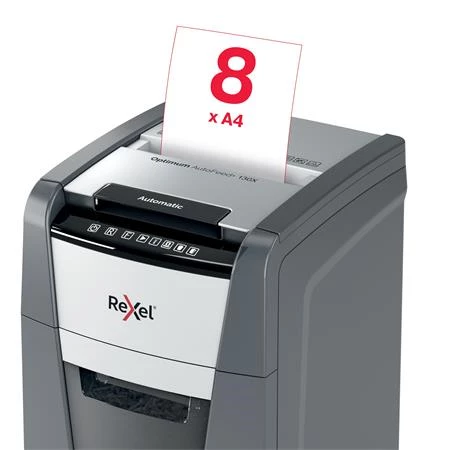 Iratmegsemmisítő, konfetti, 130 lap, REXEL, Optimum AutoFeed+ 130X, biztonsági fokozat: P-4, 44 lieres tartály