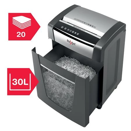 Iratmegsemmisítő, konfetti, 20 lap, REXEL Momentum X420, biztonsági fokozat: P-4, 30 lieres tartály
