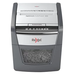 Iratmegsemmisítő, konfetti, 45 lap, REXEL Optimum AutoFeed 45X, biztonsági fokozat: P-4, 20 lieres tartály