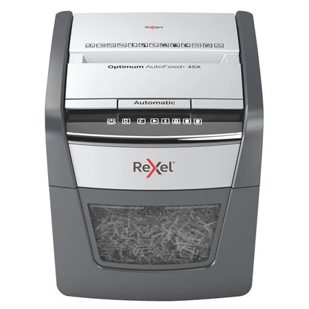 Iratmegsemmisítő, konfetti, 45 lap, REXEL Optimum AutoFeed 45X, biztonsági fokozat: P-4, 20 lieres tartály