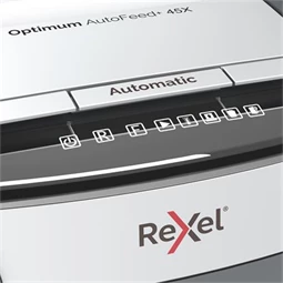 Iratmegsemmisítő, konfetti, 45 lap, REXEL Optimum AutoFeed 45X, biztonsági fokozat: P-4, 20 lieres tartály