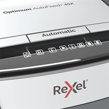 Iratmegsemmisítő, konfetti, 45 lap, REXEL Optimum AutoFeed 45X, biztonsági fokozat: P-4, 20 lieres tartály