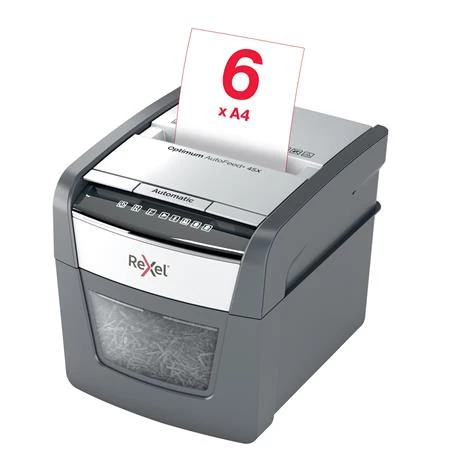 Iratmegsemmisítő, konfetti, 45 lap, REXEL Optimum AutoFeed 45X, biztonsági fokozat: P-4, 20 lieres tartály