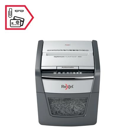 Iratmegsemmisítő, konfetti, 45 lap, REXEL Optimum AutoFeed 45X, biztonsági fokozat: P-4, 20 lieres tartály