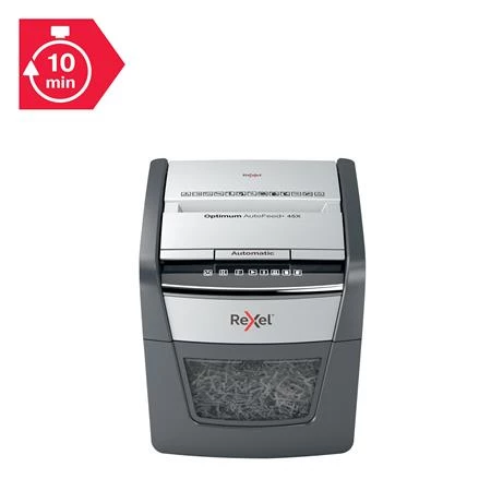 Iratmegsemmisítő, konfetti, 45 lap, REXEL Optimum AutoFeed 45X, biztonsági fokozat: P-4, 20 lieres tartály
