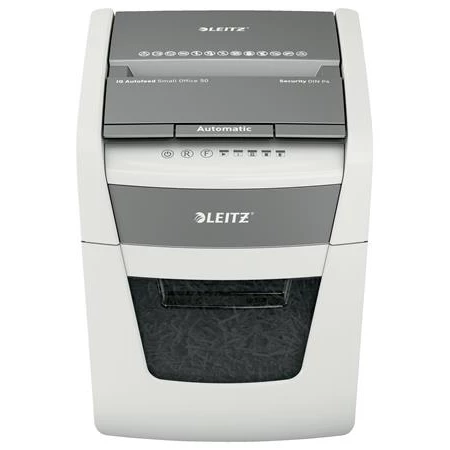Iratmegsemmisítő, konfetti, 50 lap, LEITZ IQ AutoFeed SmallOffice 50 P4 Pro, biztonsági fokozat: P-4, 20 lieres tartály