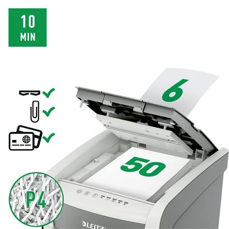 Iratmegsemmisítő, konfetti, 50 lap, LEITZ IQ AutoFeed SmallOffice 50 P4 Pro, biztonsági fokozat: P-4, 20 lieres tartály