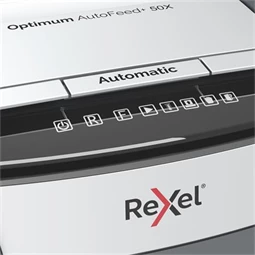 Iratmegsemmisítő, konfetti, 50 lap, REXEL, Optimum AutoFeed+ 50X, biztonsági fokozat: P-4, 20 lieres tartály