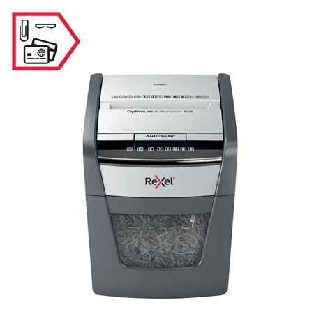 Iratmegsemmisítő, konfetti, 50 lap, REXEL, Optimum AutoFeed+ 50X, biztonsági fokozat: P-4, 20 lieres tartály