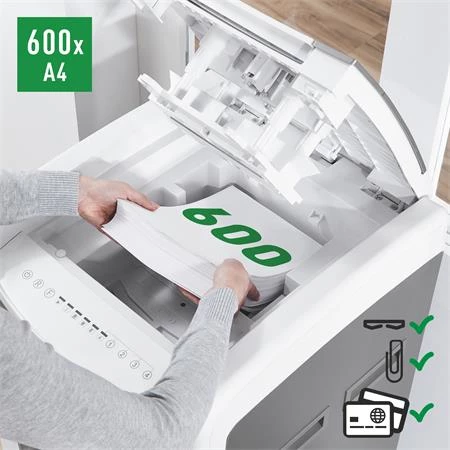 Iratmegsemmisítő, konfetti, 600 lap, LEITZ IQ AutoFeed Office 600 P4, biztonsági fokozat: P-4, 110 lieres tartály