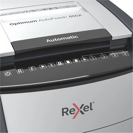Iratmegsemmisítő, konfetti, 600 lap, REXEL, Optimum AutoFeed+ 600X, biztonsági fokozat: P-4, 110 lieres tartály