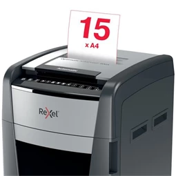 Iratmegsemmisítő, konfetti, 600 lap, REXEL, Optimum AutoFeed+ 600X, biztonsági fokozat: P-4, 110 lieres tartály