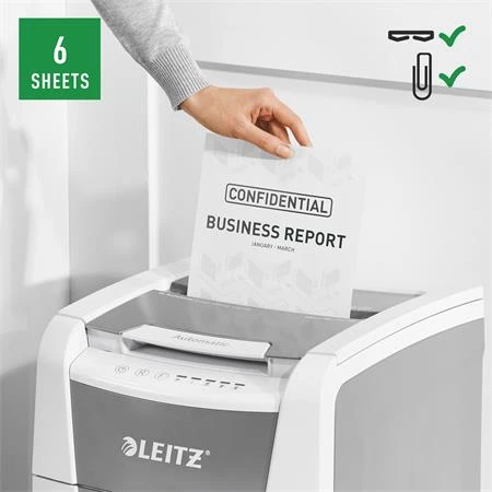 Iratmegsemmisítő, mikrokonfetti, 100 lap, LEITZ IQ AutoFeed SmallOffice 100 P5 Pro, biztonsági fokozat: P-5, 34 l