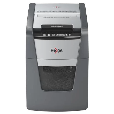 Iratmegsemmisítő, mikrokonfetti, 100 lap, REXEL Optimum AutoFeed+ 100M, biztonsági fokozat: P-5, 34 lieres tartály