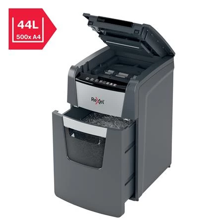 Iratmegsemmisítő, mikrokonfetti, 130 lap, REXEL, Optimum AutoFeed+ 130M, biztonsági fokozat: P-5, 4 lieres tartály