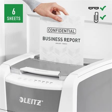 Iratmegsemmisítő, mikrokonfetti, 150 lap, LEITZ IQ AutoFeed Office 150 P5 Pro, biztonsági fokozat: P-5, 44 lit tartály